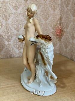 Fasold & Stauch Germany, Antique Porcelain Figurine, Nude Girl with Ball & Dog