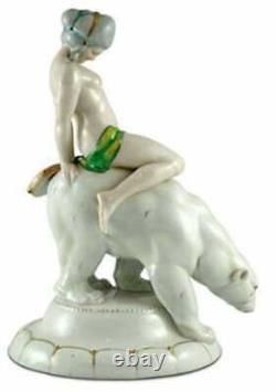 Figurine Katzhutte Germany Antique Nude riding BEAR Porcelain Large Statue