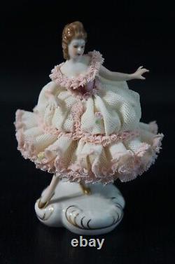 Fine German Porcelain Dresden Figure Dancing Girl Dress With Lace Figurine Mint