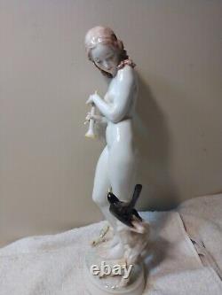 Finest Vtg Art Deco Hutschenreuter German Porcelain Figurine Forest Nude w Bird