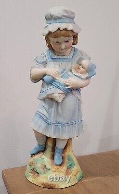 German Bisque Rudolstadt Figurine Girl Feeding Baby With Bottle Antique