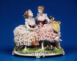 German Dresden Lace Porcelain Two Beautiful Young Lady Gasebing Figurine