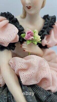 German Dresden Pink & Black Porcelain Lace Seated Ballerina Lady Figurine Read