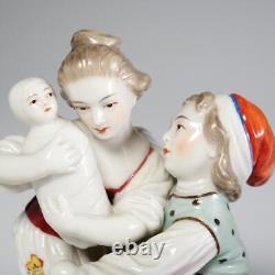 German Hand Painted Porcelain Couple w Child Figural Group 20th C Antique