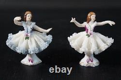 German Porcelain Dresden Ballerinas Dancing Girls Dress With Lace Figurine