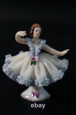 German Porcelain Dresden Ballerinas Dancing Girls Dress With Lace Figurine
