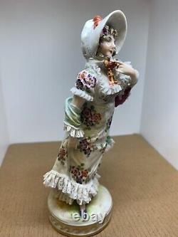 German Volkstedt Porcelain Antique Lady Lace Ruffle Flower Dress Figurine 6.5