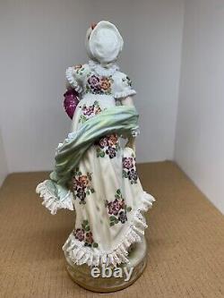 German Volkstedt Porcelain Antique Lady Lace Ruffle Flower Dress Figurine 6.5