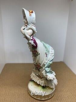 German Volkstedt Porcelain Antique Lady Lace Ruffle Flower Dress Figurine 6.5