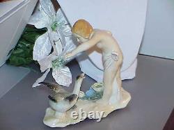 KARL ENS VOLKSTEDT GERMANY FIGURINE NUDE LITTLE GIRL With GOOSE c 1919