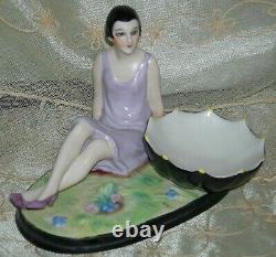 LADY FIGURINE PIN JAR or TRINKET DISH ANTIQUE 1920 GERMANY 6 1/2 x 4 1/2