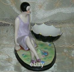 LADY FIGURINE PIN JAR or TRINKET DISH ANTIQUE 1920 GERMANY 6 1/2 x 4 1/2