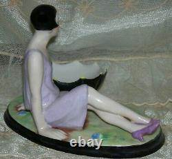 LADY FIGURINE PIN JAR or TRINKET DISH ANTIQUE 1920 GERMANY 6 1/2 x 4 1/2