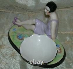 LADY FIGURINE PIN JAR or TRINKET DISH ANTIQUE 1920 GERMANY 6 1/2 x 4 1/2