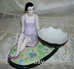 LADY FIGURINE PIN JAR or TRINKET DISH ANTIQUE 1920 GERMANY 6 1/2 x 4 1/2