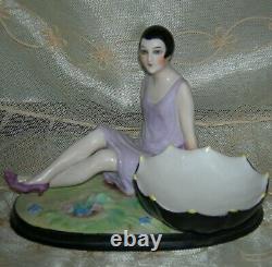 LADY FIGURINE PIN JAR or TRINKET DISH ANTIQUE 1920 GERMANY 6 1/2 x 4 1/2