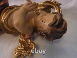 Large Angel with Fanfare Wood Carved Painted Vintage German #XA