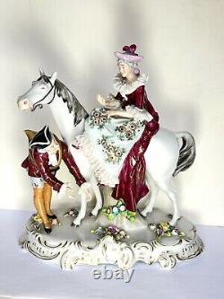 Large Sitzendorf Figurine Woman on Horse Man with Horn Vintage