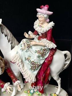 Large Sitzendorf Figurine Woman on Horse Man with Horn Vintage