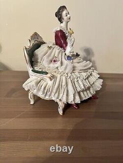 Large Vintage FRANZ WITTER GERMANY DRESDEN LACE FIGURINE LADY ON A COUCH