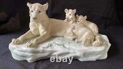 Large antique german porcelain figurine Lion with 3 cubs. Marked blue mark