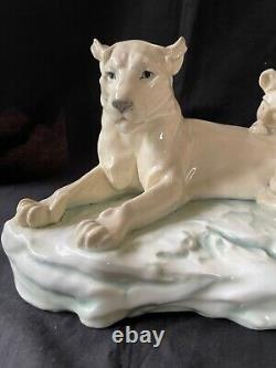 Large antique german porcelain figurine Lion with 3 cubs. Marked blue mark