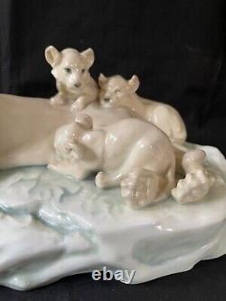 Large antique german porcelain figurine Lion with 3 cubs. Marked blue mark