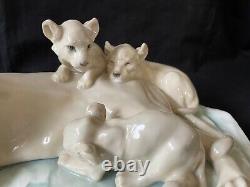 Large antique german porcelain figurine Lion with 3 cubs. Marked blue mark