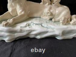 Large antique german porcelain figurine Lion with 3 cubs. Marked blue mark