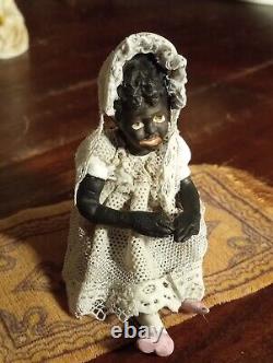 Mini porcelain antique figurine black dresden lace child dollhouse 112 doll