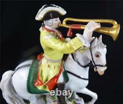 N016 Meissen Porcelain Figure Of A Saxon Soldier On Horse With Trumpet