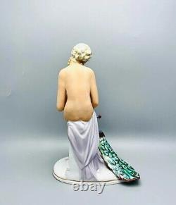Nude Girl w Mirror & Peacock Figurine Vintag Porcelain By Fasold & Stauch Germny