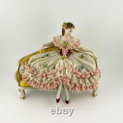 Original Vntg VOLKSTEDT DRESDEN Porcelain Lace Lady Figurine LADY ON SOFA 1762