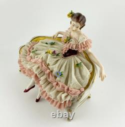 Original Vntg VOLKSTEDT DRESDEN Porcelain Lace Lady Figurine LADY ON SOFA 1762