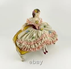 Original Vntg VOLKSTEDT DRESDEN Porcelain Lace Lady Figurine LADY ON SOFA 1762