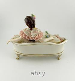 Original Vntg VOLKSTEDT DRESDEN Porcelain Lace Lady Figurine LADY ON SOFA 1762