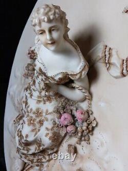 Pair Antique German Meissen style Porcelain Figural Dresden Wall Plaques Ladies