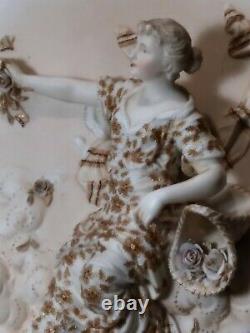 Pair Antique German Meissen style Porcelain Figural Dresden Wall Plaques Ladies