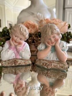 Pair Antique Heubach Bisque Figurines, Boy/girl With Log