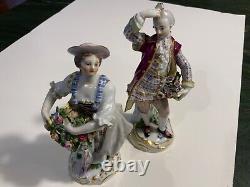 Pair Antique Meissen Porcelain Figurine Man & Woman with Flower Basket 1850-1899