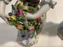 Pair Antique Meissen Porcelain Figurine Man & Woman with Flower Basket 1850-1899