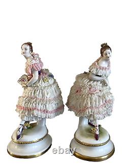 Pair of Antique Dresden Volkstedt Porcelain Lace Ballerina Dancers