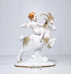 Pair of Vintage Antique Germany Hand Painted Cherub Riding Goat Ram Figurines