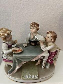 Porcelain Figurine 5.5 Vintage Children At Table Eating like Scheibe Alsbach