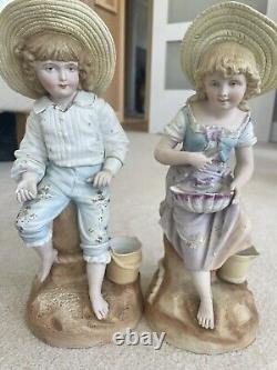 R W Rudolstadt Germany Pair Vintage Porcelain Statue Figurines Boy/Girl #2376