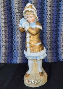 RARE Vintage Gebruder Heubach Young Winter Girl with Muff Bisque Figurine