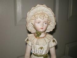 RUDOLSTADT RW Antique 14.5 Figurine Little Girl Bonnet Hat Stick Bisque Germany