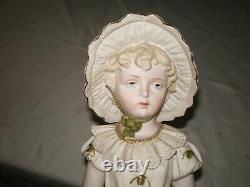 RUDOLSTADT RW Antique 14.5 Figurine Little Girl Bonnet Hat Stick Bisque Germany