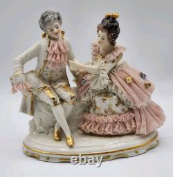 Rare Antique Dresden Lace Franz Witter Figurine Couple Pink 7x 7 OUTSTANDING