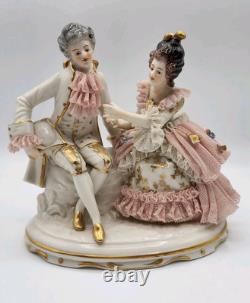 Rare Antique Dresden Lace Franz Witter Figurine Couple Pink 7x 7 OUTSTANDING